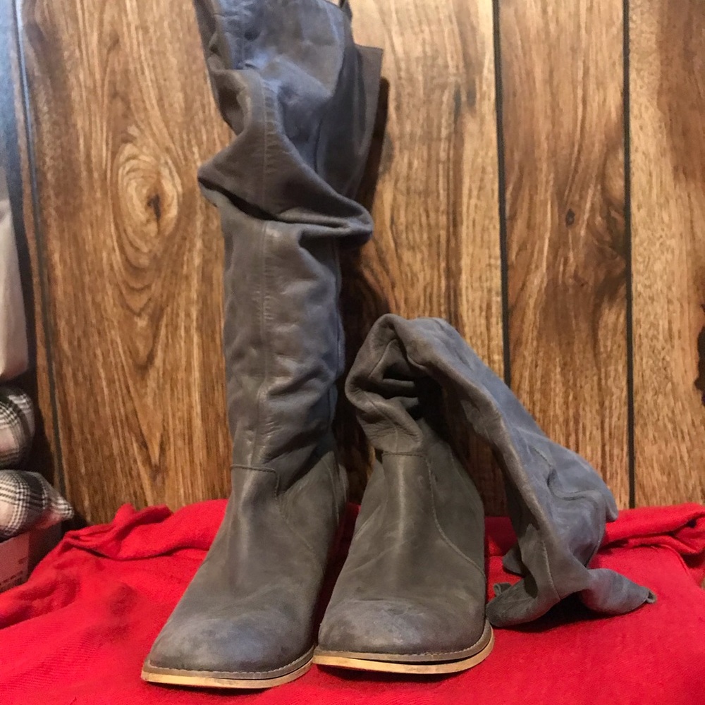 Slouchy blue grey knee high boots